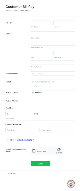 Customer Bill Pay Form Template