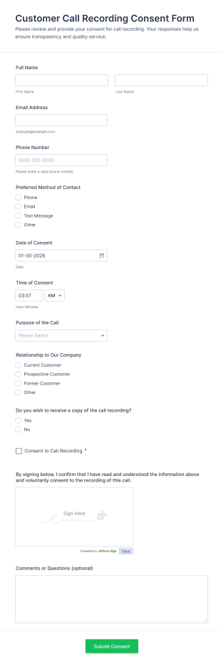 Customer Call Recording Consent Form Template