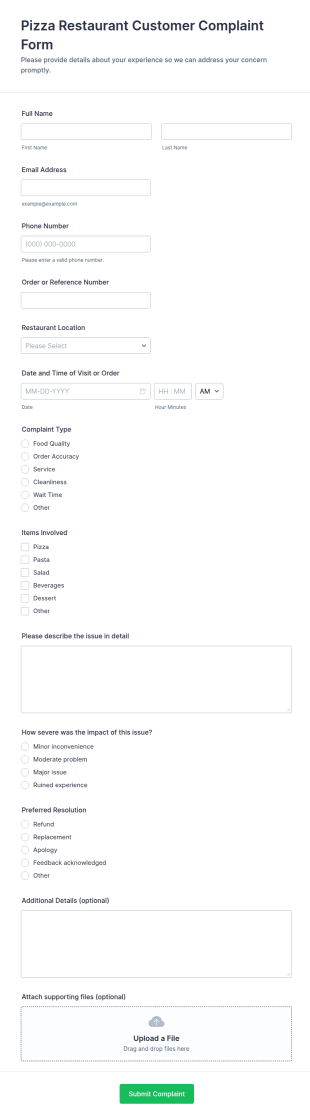 Customer Complaint Form For Pizza Restaurant