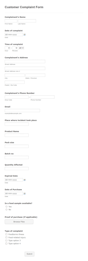 Customer Complaint Form Template