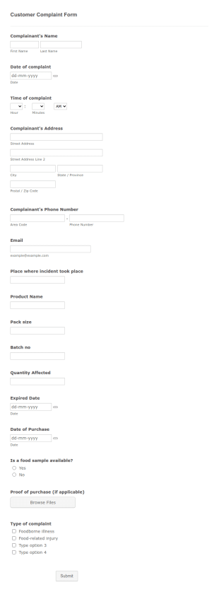 Customer Complaint Form Template