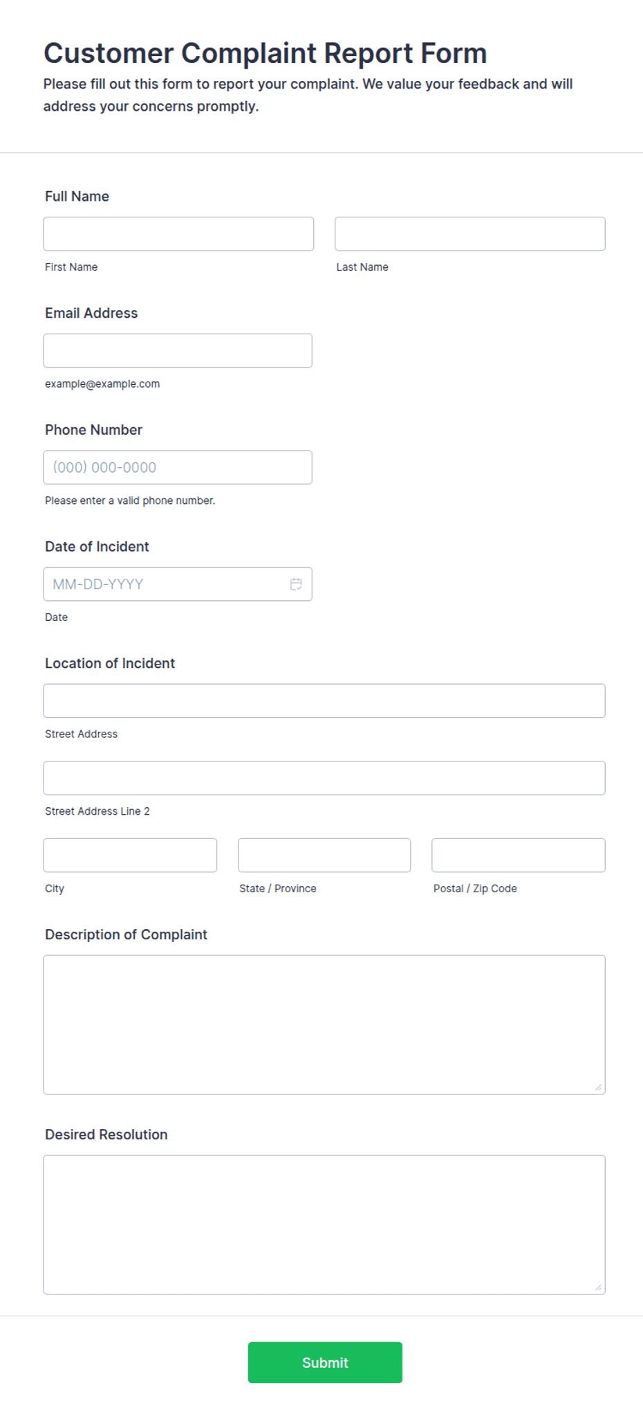 Complaint Report Example Customer Complaint Report Form Template | Jotform