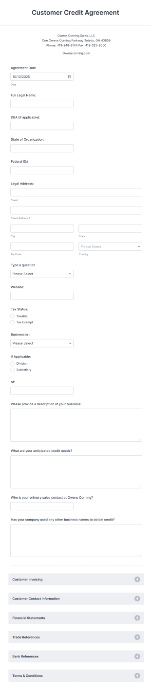 Customer Credit Agreement Form Template