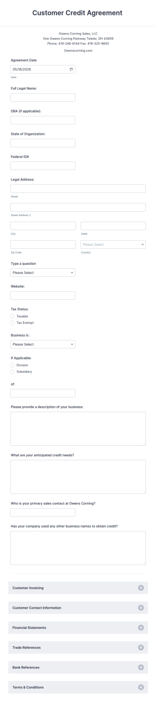 Customer Credit Agreement Form Template