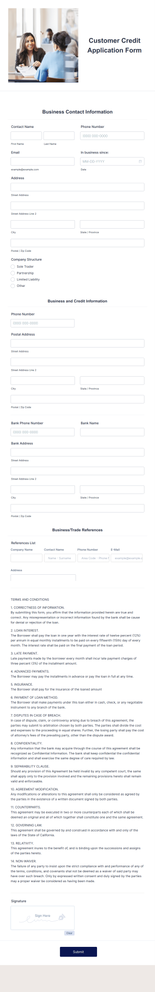 Customer Credit Application Form Template