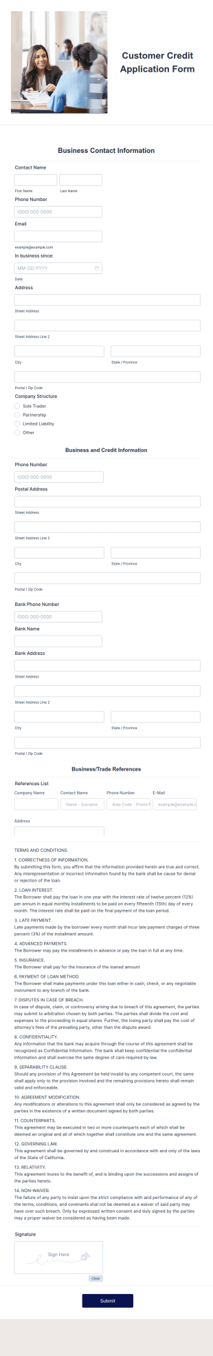 Customer Credit Application Form Template