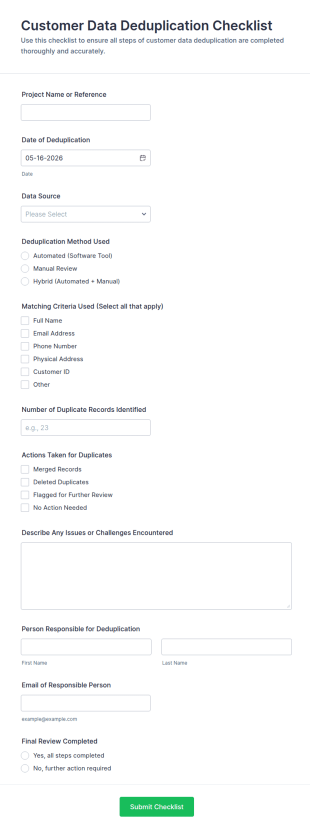 Customer Data Deduplication Checklist Form Template