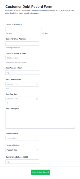 Customer Debt Record Form Template