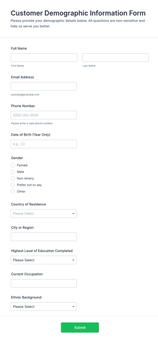 Customer Demographic Information Form Template