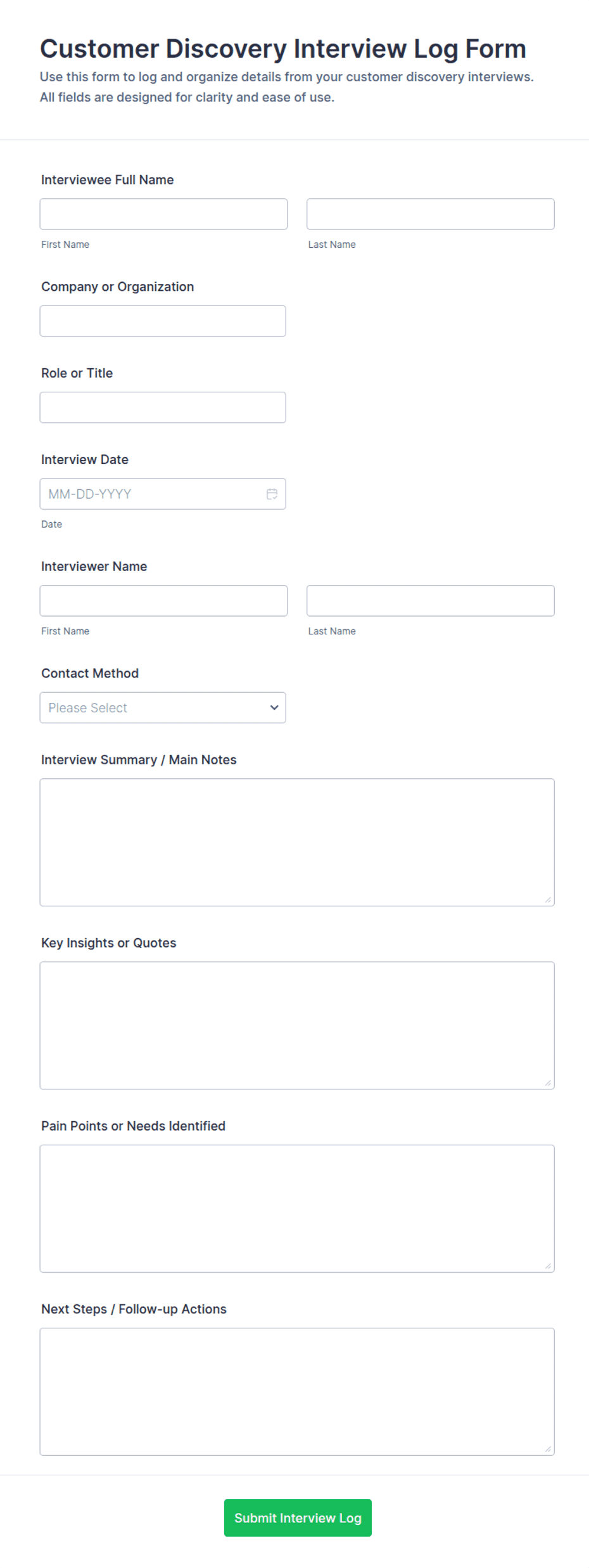 Customer Discovery Interview Log Form Template | Jotform