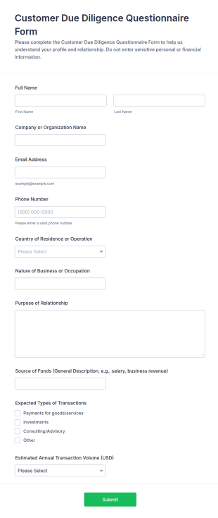 Customer Due Diligence Questionnaire Form Template