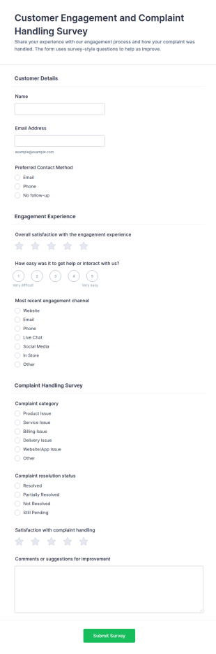Customer Engagement And Complaint Handling Survey Form Template