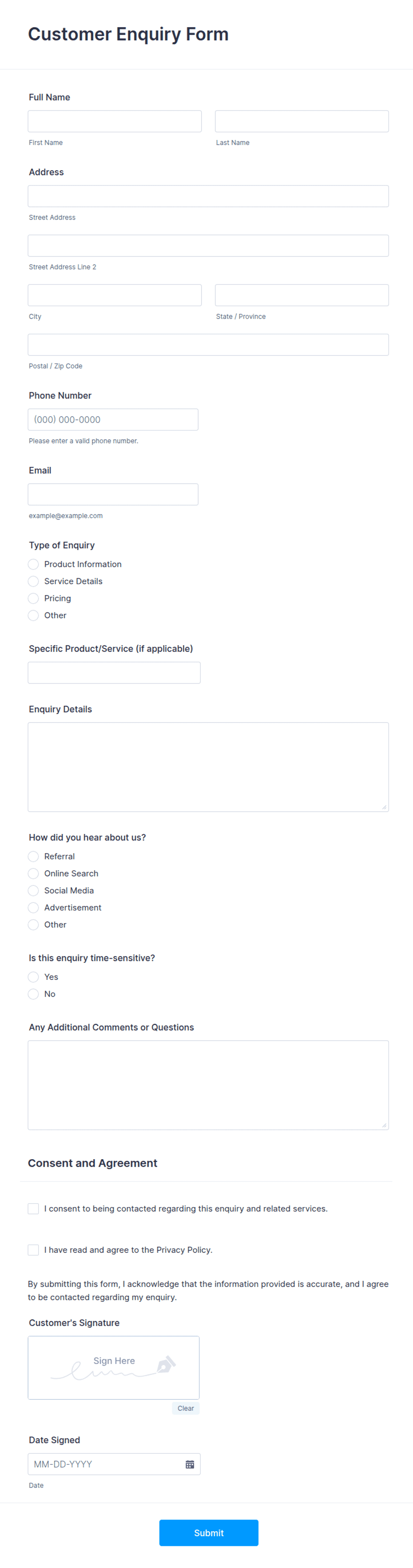 Phone Query Form Customer Enquiry Form Template | Jotform