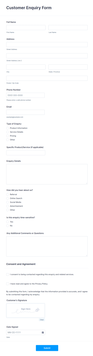 Customer Enquiry Form Template