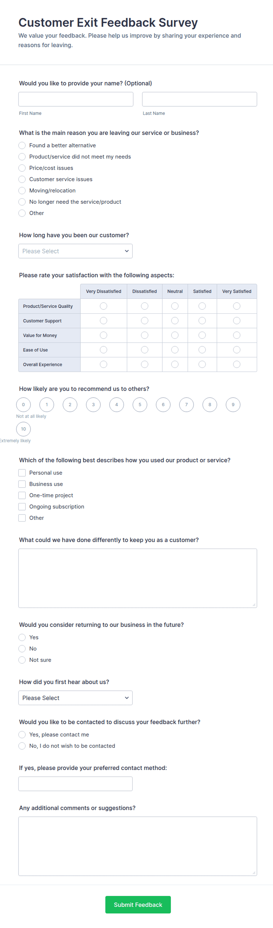 Customer Exit Feedback Survey Form Template | Jotform