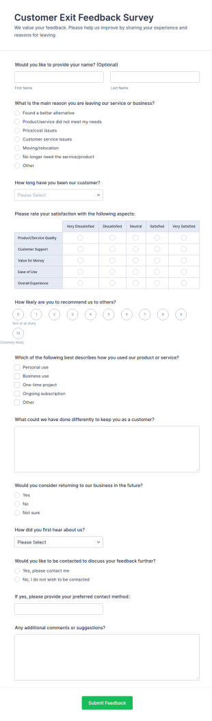Customer Exit Feedback Survey Form Template