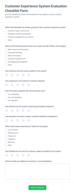 Customer Experience System Evaluation Checklist Form Template