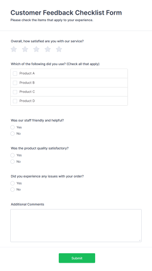 Customer Feedback Checklist Form Template
