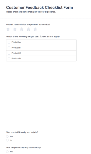 Customer Feedback Checklist Form Template