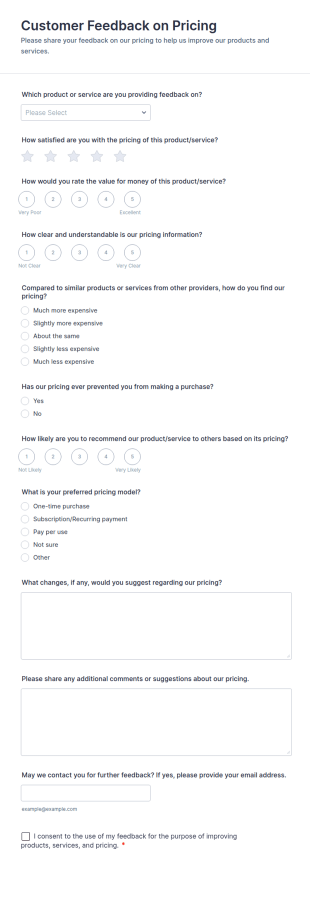 Customer Feedback On Pricing Form Template