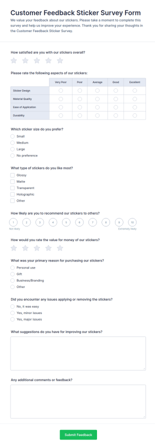 Customer Feedback Sticker Survey Form Template