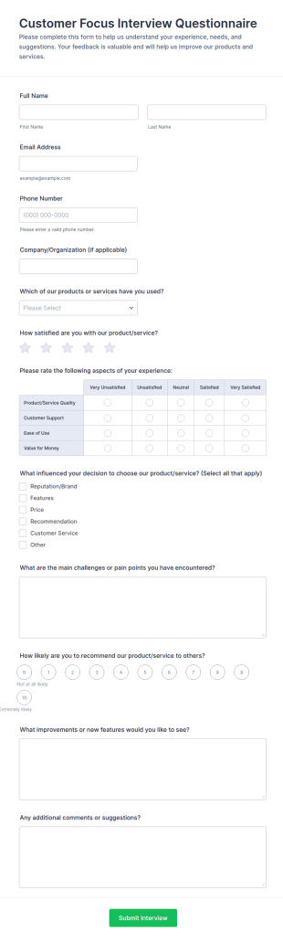 Customer Focus Interview Questionnaire Form Template