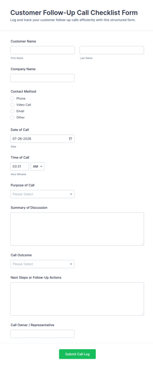 Customer Follow Up Call Checklist Form Template
