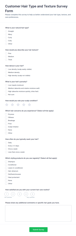 Customer Hair Type And Texture Survey Form Template