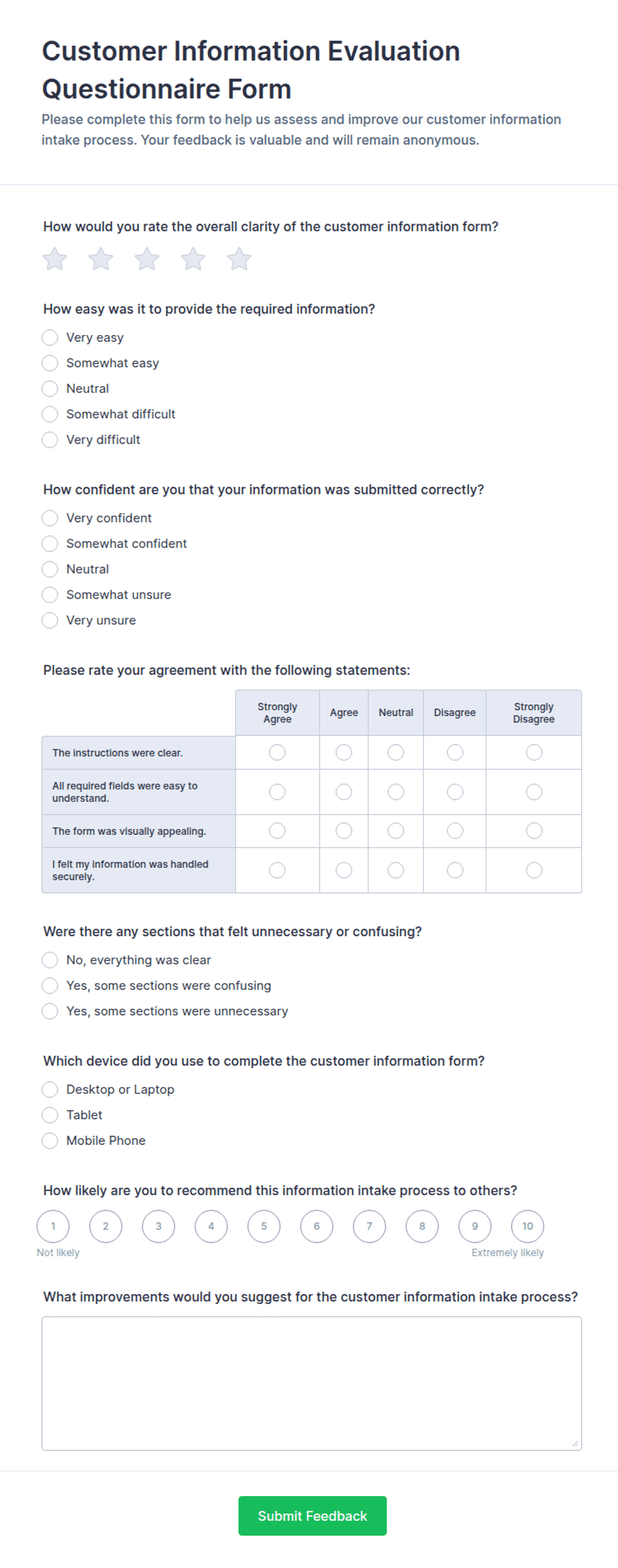 Customer Information Evaluation Questionnaire Form Template | Jotform