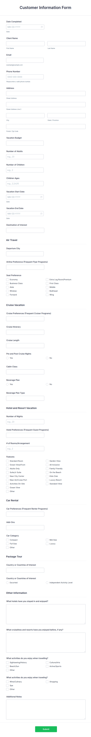 Customer Information Form Template