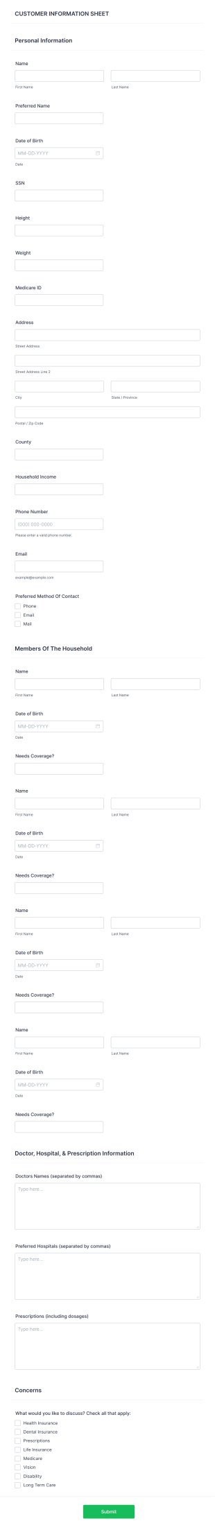 Customer Information Sheet Form Template