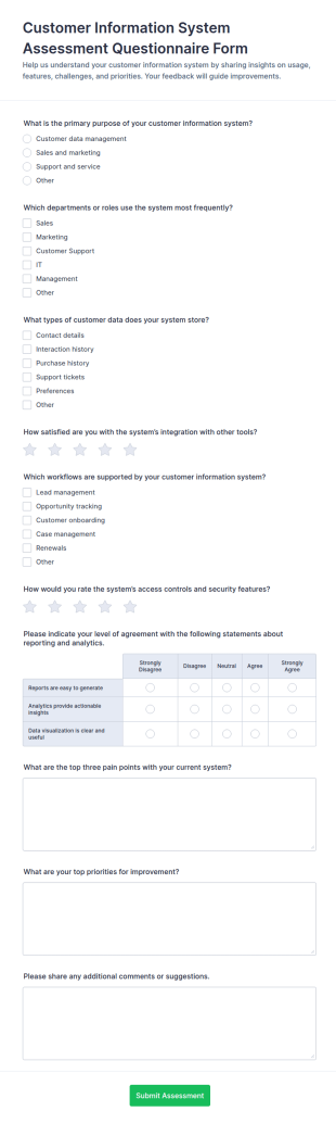 Customer Information System Assessment Questionnaire Form Template