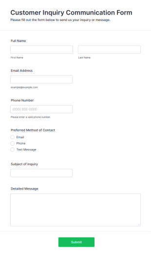 Customer Inquiry Communication Form Template