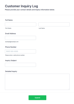Customer Inquiry Log Form Template