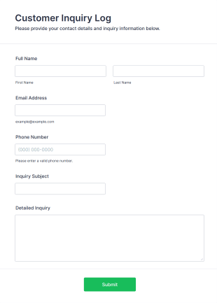 Customer Inquiry Log Form Template