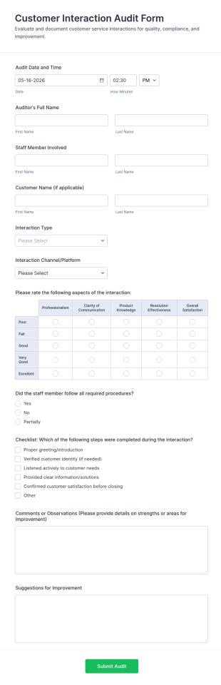 Customer Interaction Audit Form Template
