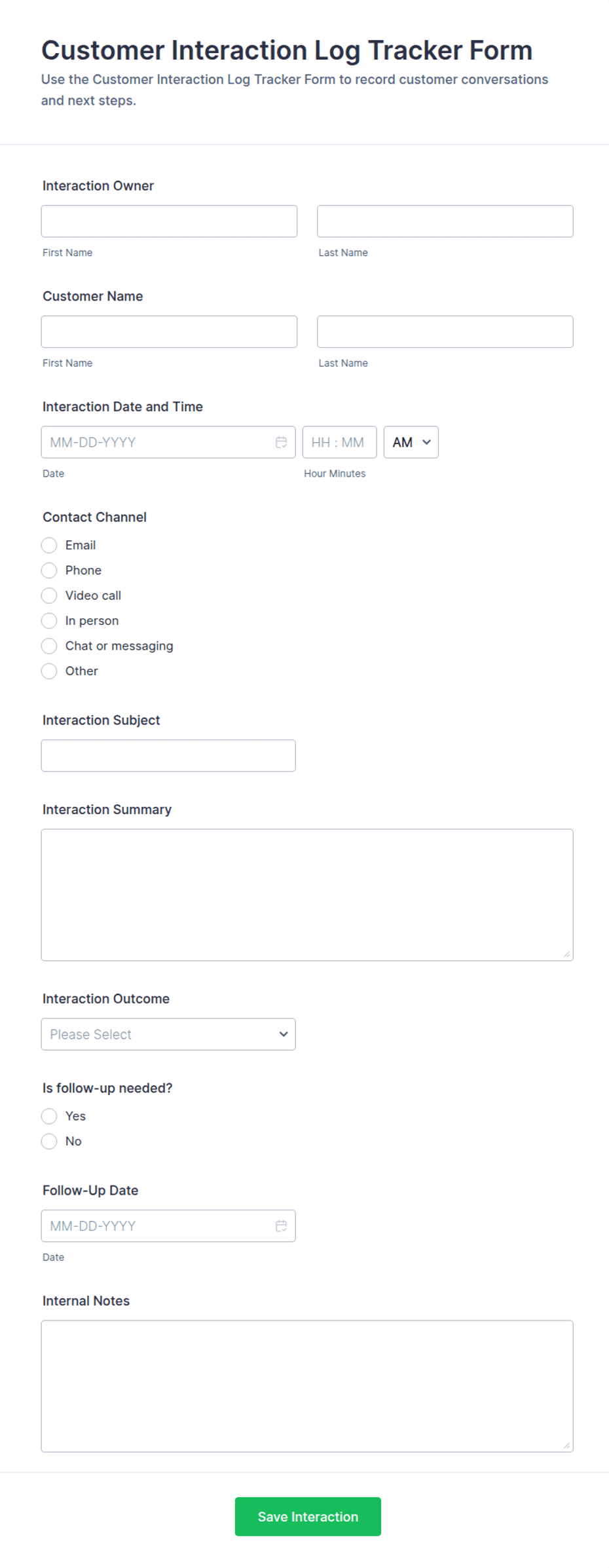 Customer Interaction Log Tracker Form Template | Jotform