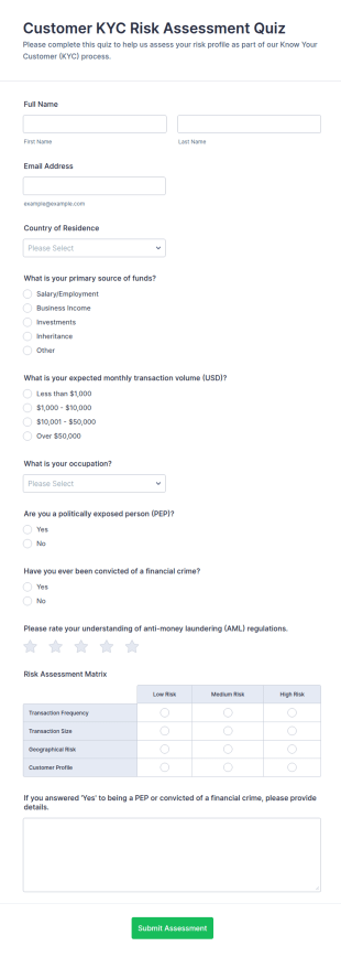 Customer KYC Risk Assessment Quiz Form Template