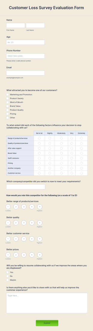 Customer Loss Survey Evaluation Form Template