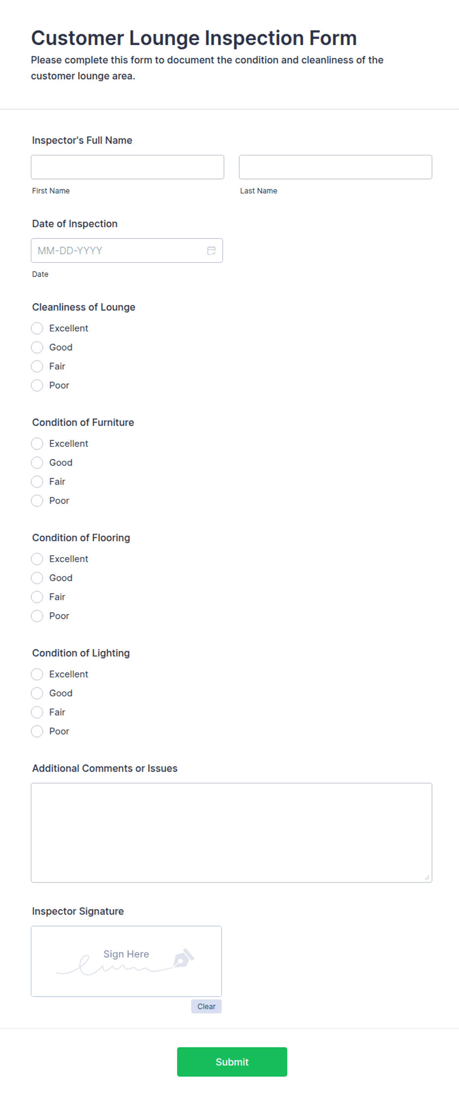 Customer Lounge Inspection Form Template | Jotform