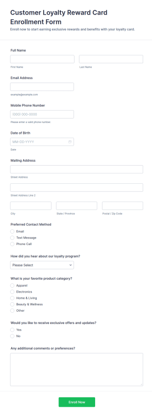 Customer Loyalty Reward Card Enrollment Form Template
