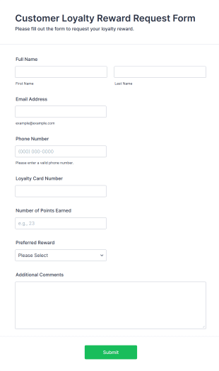 Customer Loyalty Reward Request Form Form Template