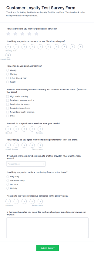 Customer Loyalty Test Survey Form Template