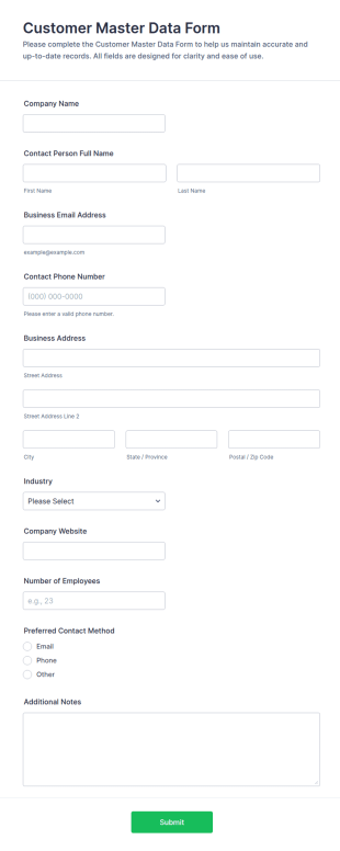 Customer Master Data Form Template