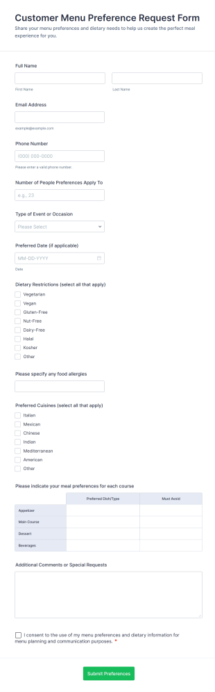 Customer Menu Preference Request Form Template