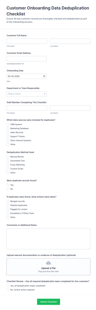 Customer Onboarding Data Deduplication Checklist Form Template