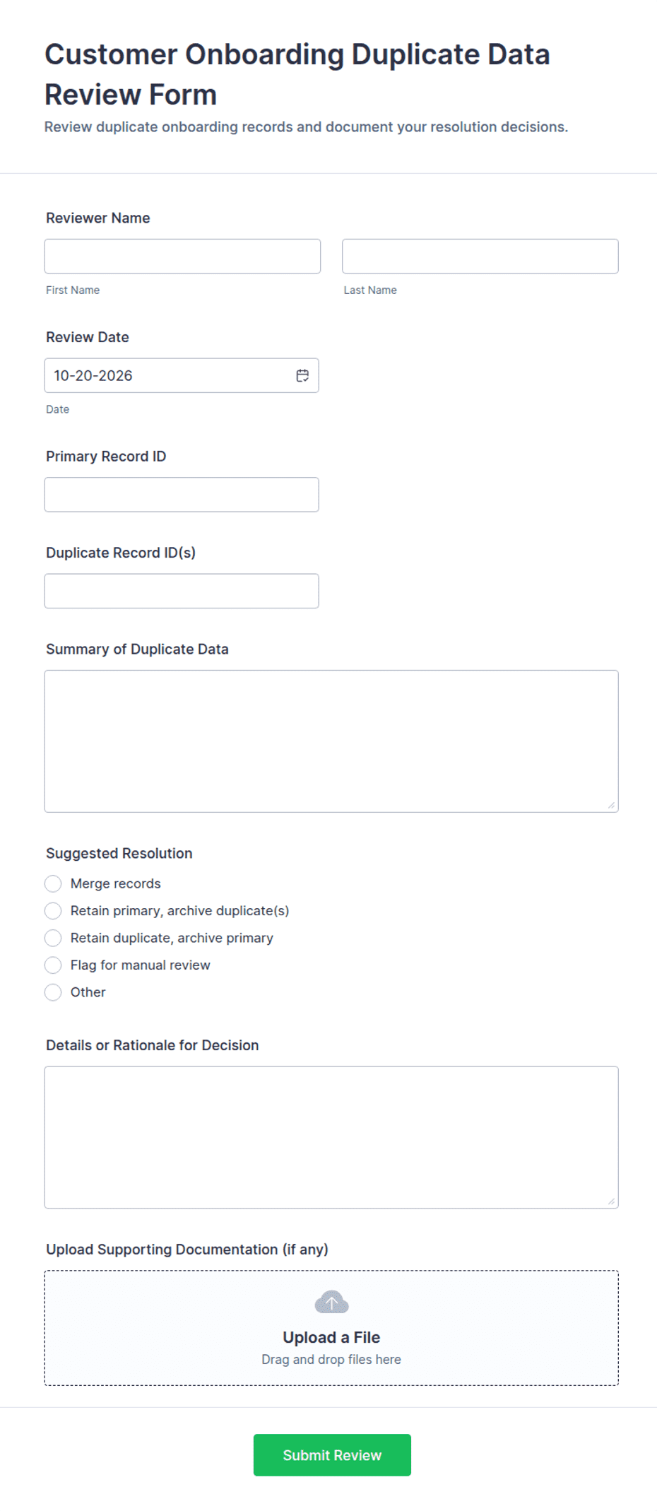 Customer Onboarding Duplicate Data Review Form Template | Jotform
