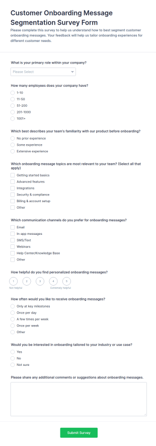 Customer Onboarding Message Segmentation Survey Form Template