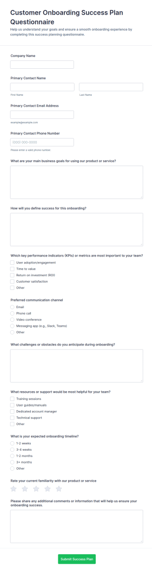 Customer Onboarding Success Plan Questionnaire Form Template