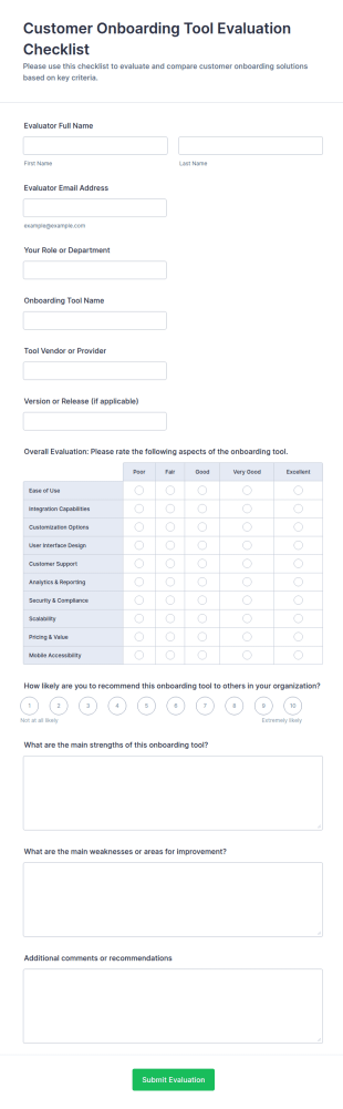 Customer Onboarding Tool Evaluation Checklist Form Template